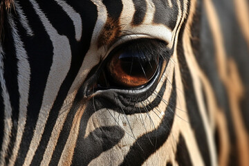 Witness the intricate beauty of a zebra  eye up close, showcasing a stunning skin line pattern in mesmerizing macro detail. Ai generated