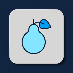 Filled outline Pear icon isolated on blue background. Fruit with leaf symbol. Vector