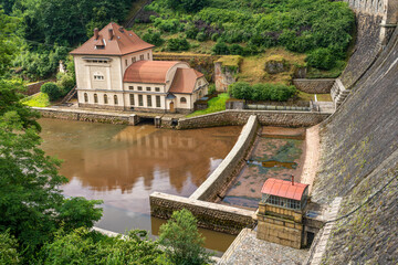 Fototapeta premium Dam on the Labe river, part of the Les Kralovstvi reservoir in Bílá Třemešná, Czech Republic