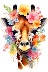 Head of giraffe with  pink flowers 