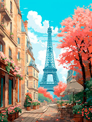 Paris street with Eiffel tower in Paris, France. Vector illustration.AI generated