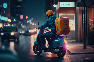 Fast and free delivery food by scooter in the afternoon in the city - obrazy, fototapety, plakaty