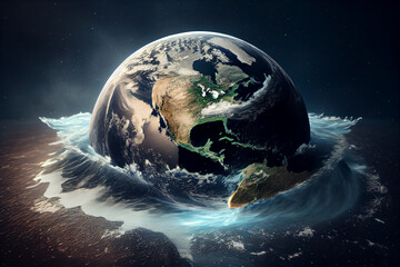 Earth flooded during a sea storm. Extreme weather and climate change concept (Earth photo by NASA) - obrazy, fototapety, plakaty