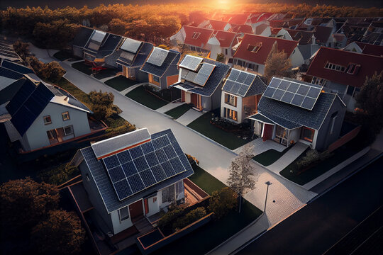 Modern houses with solar panels on the roof for alternative energy.