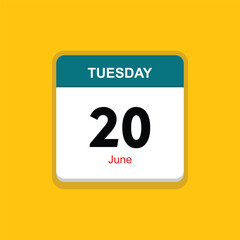 june 20 tuesday icon with yellow background, calender icon