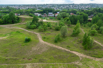 Panoramic view of a meadow in summer. Rural landscape. Panorama