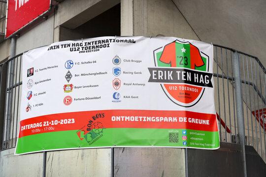 Grolsch Veste stadium of FC Twente in Enschede with banner for Erik ten Hag youth tournament.