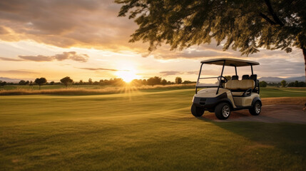 A Golf car, Golf cart car in fairway of golf course with fresh green grass field and cloud sky and tree at sunset. Generative Ai