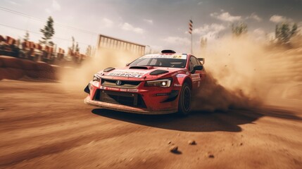 Rally car racing on dirt track at high speed