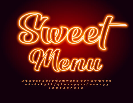 Vector neon Flyer Sweet Menu. Beautiful Calligraphy Font. Decorative Alphabet Letters and Numbers