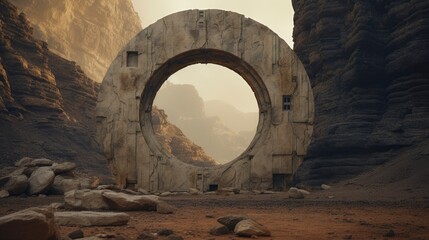  Round stone portal in desert with steep cliffs abandoned and mysterious