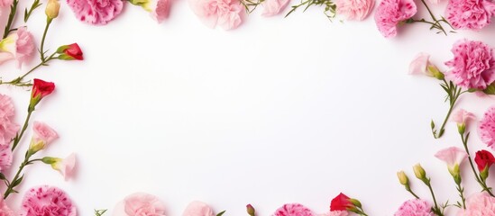 Fototapeta na wymiar A pink carnation flower frame on a white background with a blank space in the middle. It is