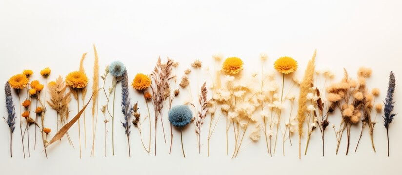 Minimal style photography featuring dried flowers arranged in a creative and natural composition,