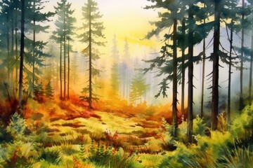 Watercolor autumn forest with yellow leaves. Landscape for a postcard. Generative AI