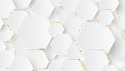 Seamless hexagonal White with Neumorphism Elements and Gold Glitter