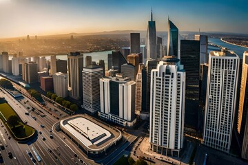 downtown city at sunset