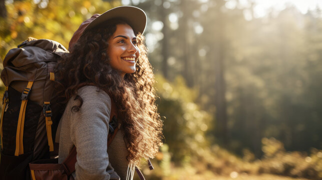 Portrait of woman hiker ready for a long trek through a forest. AI Generated.