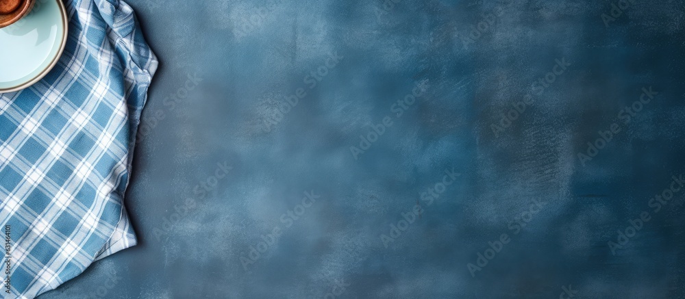 Poster the table setting background is a light plate placed on a blue stone table with a blue checked