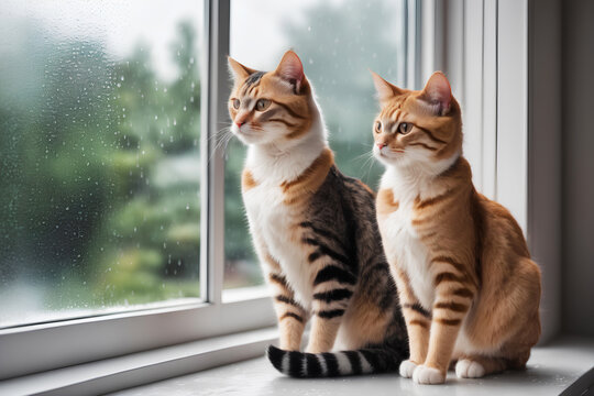 Realistic photo close up of cute cat sitting next to glass window, rainning outside