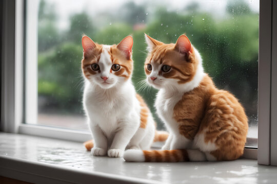 Realistic photo close up of cute cat sitting next to glass window, rainning outside