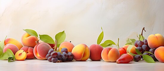 Close Up Of Summer Fruits  Apricots Plums Peaches On Light Surface Copy Space