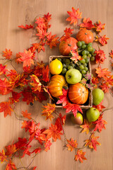 Peaceful Fall Fruit, Leaf, Acorn Still Life Arrangement on Wood Board Table Background with room or space for copy, text, your words.