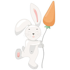 Cheerful hare with a ball in the form of a carrot on a white background. Vector illustration. Beautiful cute animal.