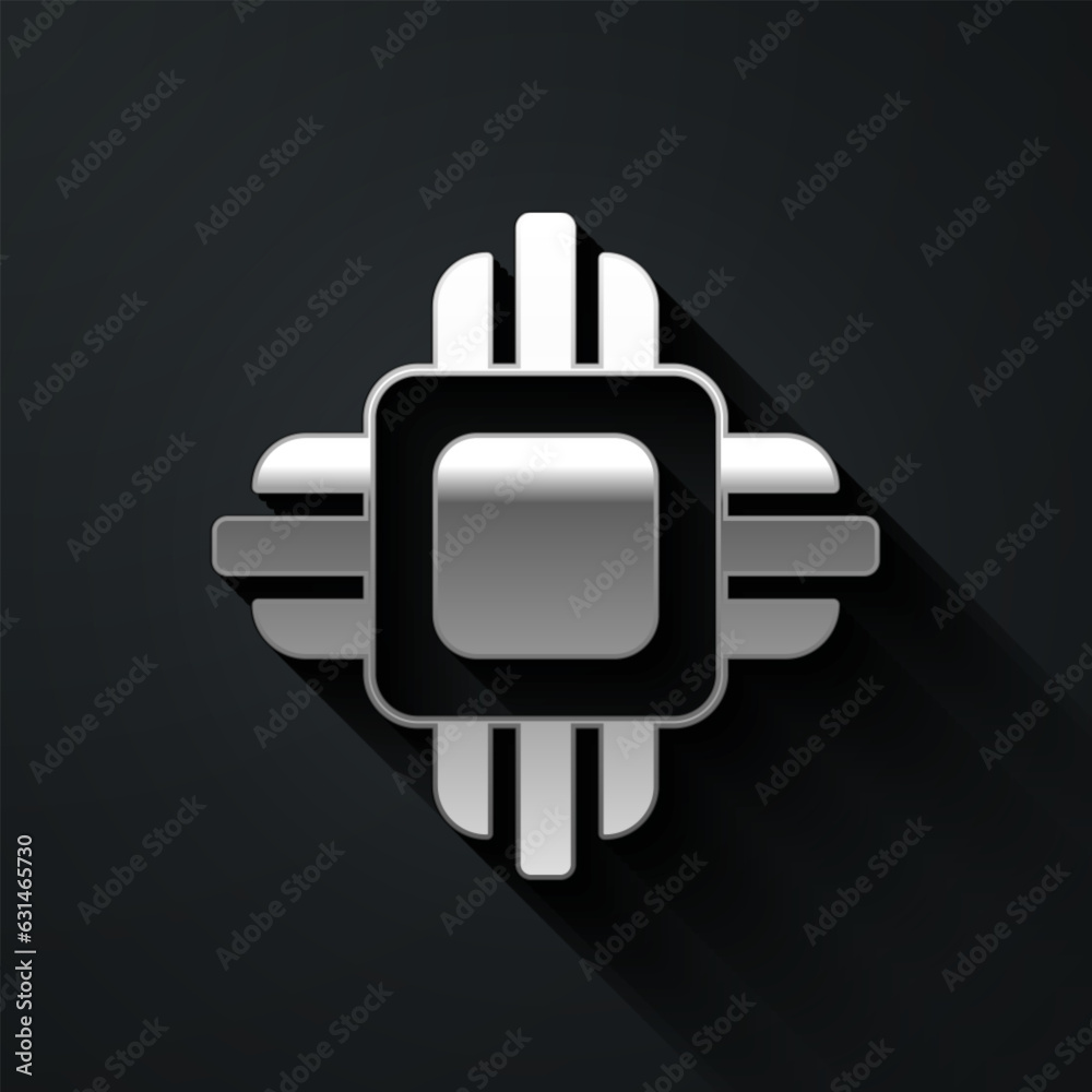 Poster silver computer processor with microcircuits cpu icon isolated on black background. chip or cpu with