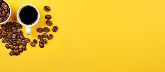Obraz premium A yellow background with two cups of coffee and a coffee bean emoticon - perfect for adding