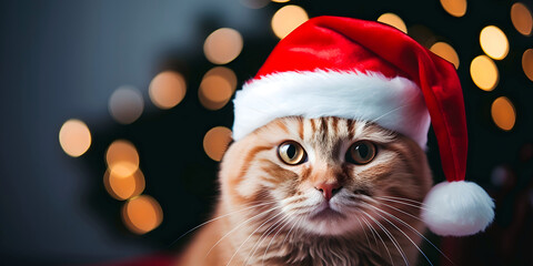 Cute ginger cat in santa hat on christmas background