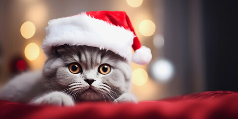 Cute cat in santa hat lying on red blanket with bokeh background