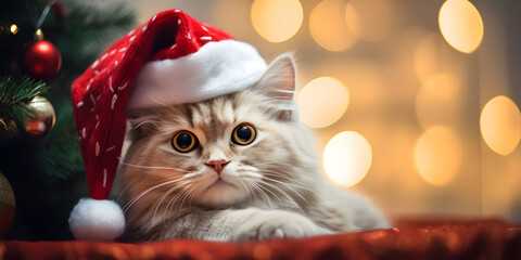 Cute cat in Santa Claus hat on the background with christmas tree