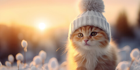 Cute ginger cat in a white knitted hat on the background of a winter landscape