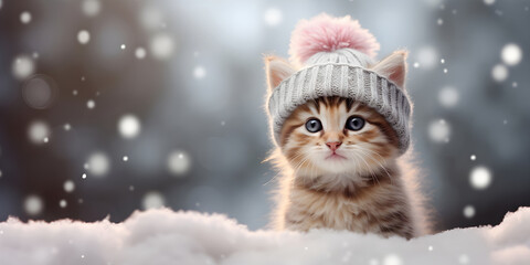 Cute little kitten in winter hat on snow background with copy space - obrazy, fototapety, plakaty