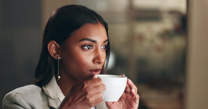 Coffee, night thinking and business woman relax at work office with computer for job. Female professional, tea and online research for deadline and startup company with hot drink and calm break