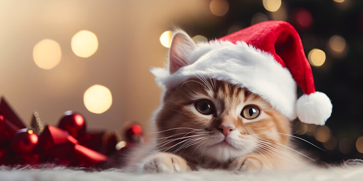 Cute ginger cat in Santa Claus hat on bokeh christmas background