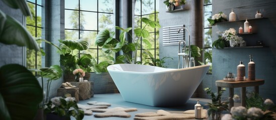 The interior of a spa bathroom with a bathtub and decorations is available, and space to copy