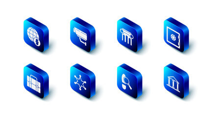 Set Security camera, Law pillar, Safe, Courthouse building, Footsteps, Hexagram sheriff, Briefcase and International law icon. Vector