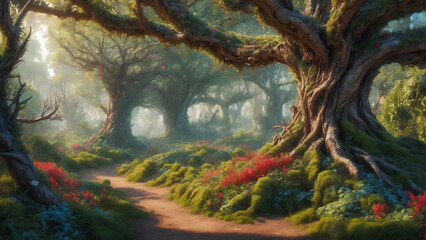 Fototapeta na wymiar Landscape illustration of fairytale forest with flowers