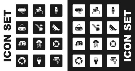 Set Ice cream, Meteorology thermometer, Signboard with text Hotel, Diving mask, Watermelon, Sand castle, Lifebuoy and Rv Camping trailer icon. Vector