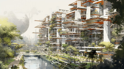 Futuristic city surrounded by nature