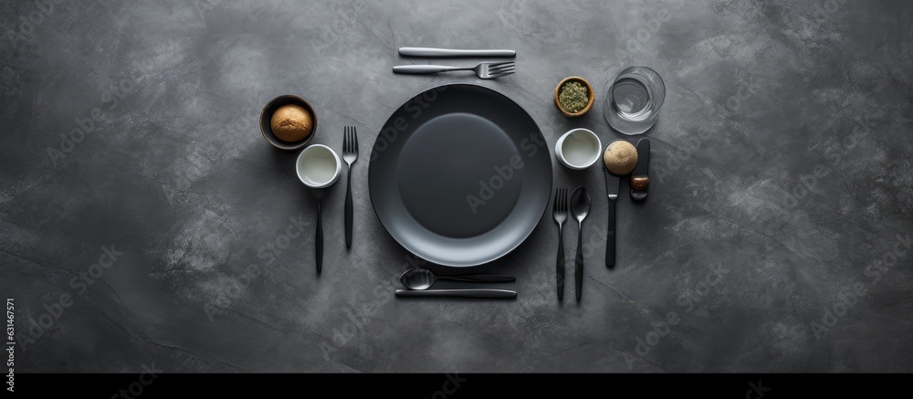 Poster A gray table with no food but with cutlery on top when viewed from above.