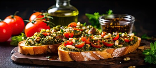 Bruschetta with olive oil, olives, pesto, garlic, and Parmesan is a delicacy that is both delicious