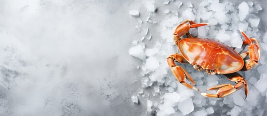 Overhead view of a Dungeness crab boiled and placed on ice over a gray concrete background.