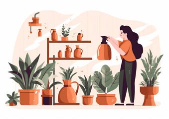hobby woman gardener entrepreneur botanist flower houseplant home pot florist indoor. Generative AI.