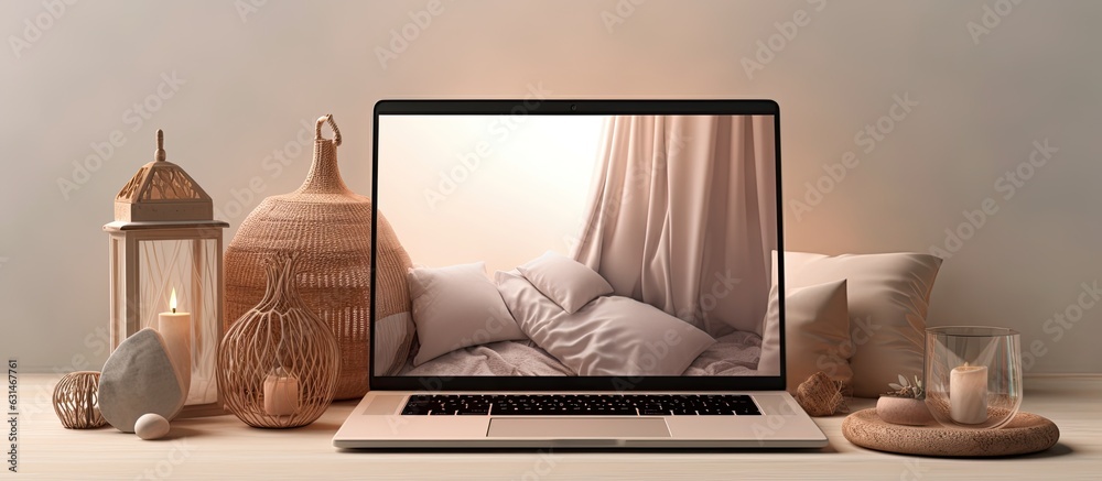 Poster aesthetic boho styled home interior design template with a laptop computer displaying a blank
