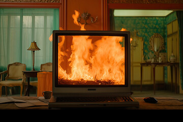 Retro computer screen on fire with flames licking in an old room