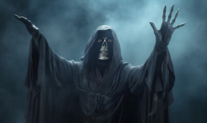 Fototapeta na wymiar halloween evil death ghost creepy fear night horror skeleton hood. Generative AI.