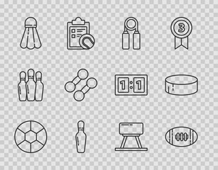 Set line Football ball, American, Sport expander, Bowling pin, Badminton shuttlecock, Dumbbell, Pommel horse and Hockey puck icon. Vector