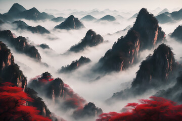 Landscape illustration of misty mountain in China